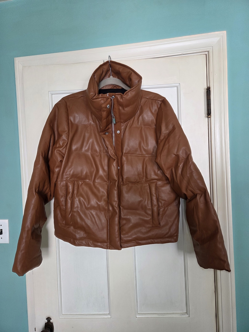 Women's Fauz Leather Brown Puffer Jacket - Size XL